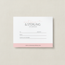 Victoria & Sterling gift certificate on a table