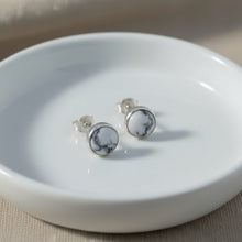 Sterling silver bezel set stud earrings, white howlite with light grey veining