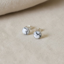 Sterling silver bezel set stud earrings, white howlite with light grey veining