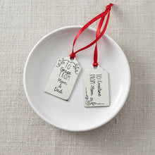 Two hand stamped metal gift tags
TO Grace FROM Mom & Dad
TO: Emeline
FROM: Mom
with delicate designs 